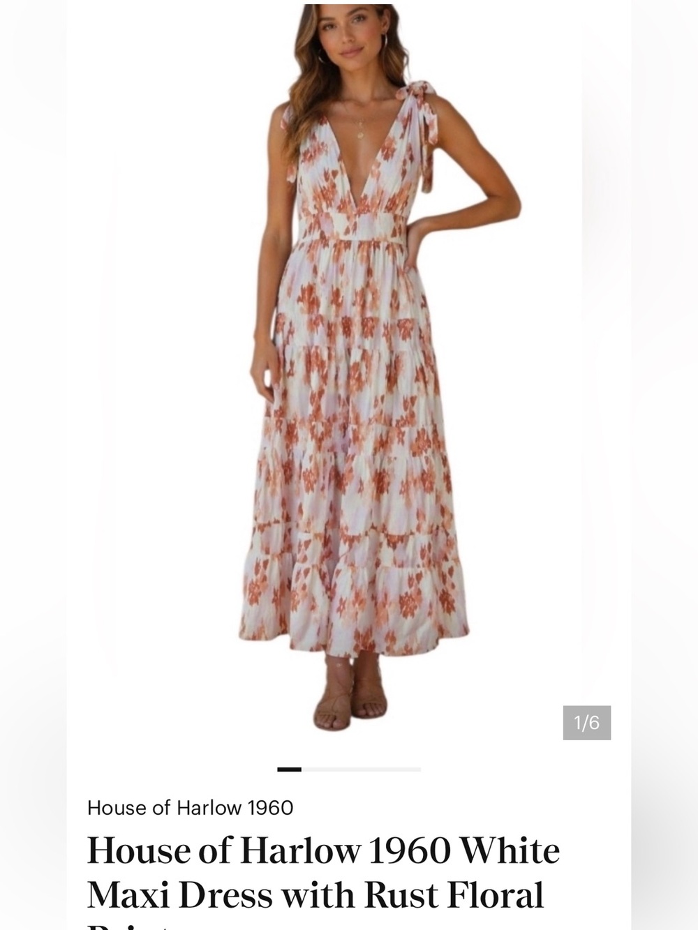 House of Harlow 1960 White Midi Dress with Coral Floral Print Deep V neck small